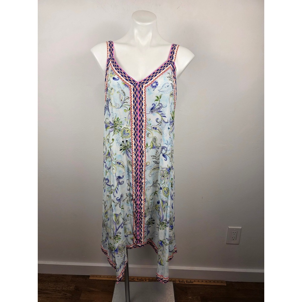Sundance Paisley Floral Handkerchief Hem V-Neck Boho Midi Dress Blue Multi L